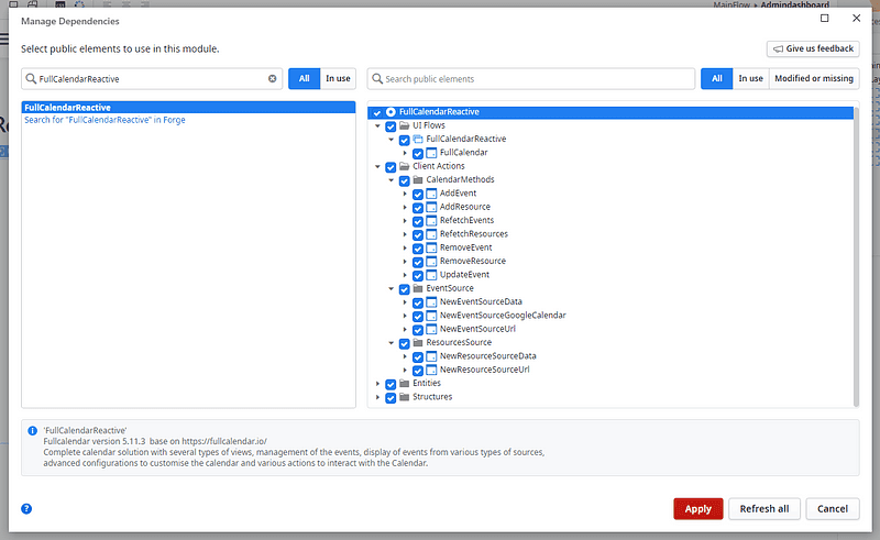 Add Full Calendar dependencies in OutSystems Service Studio